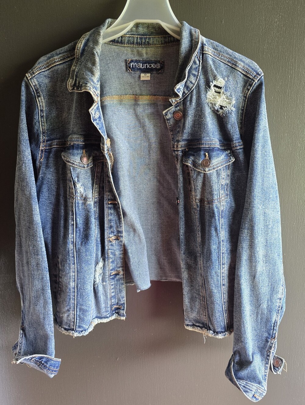 Maurices Medium Wash Blue Distressed Denim Jacket